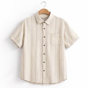Katin Mens L Shirt Button Up Short Sleeve Off White Cotton Linen Striped Resort